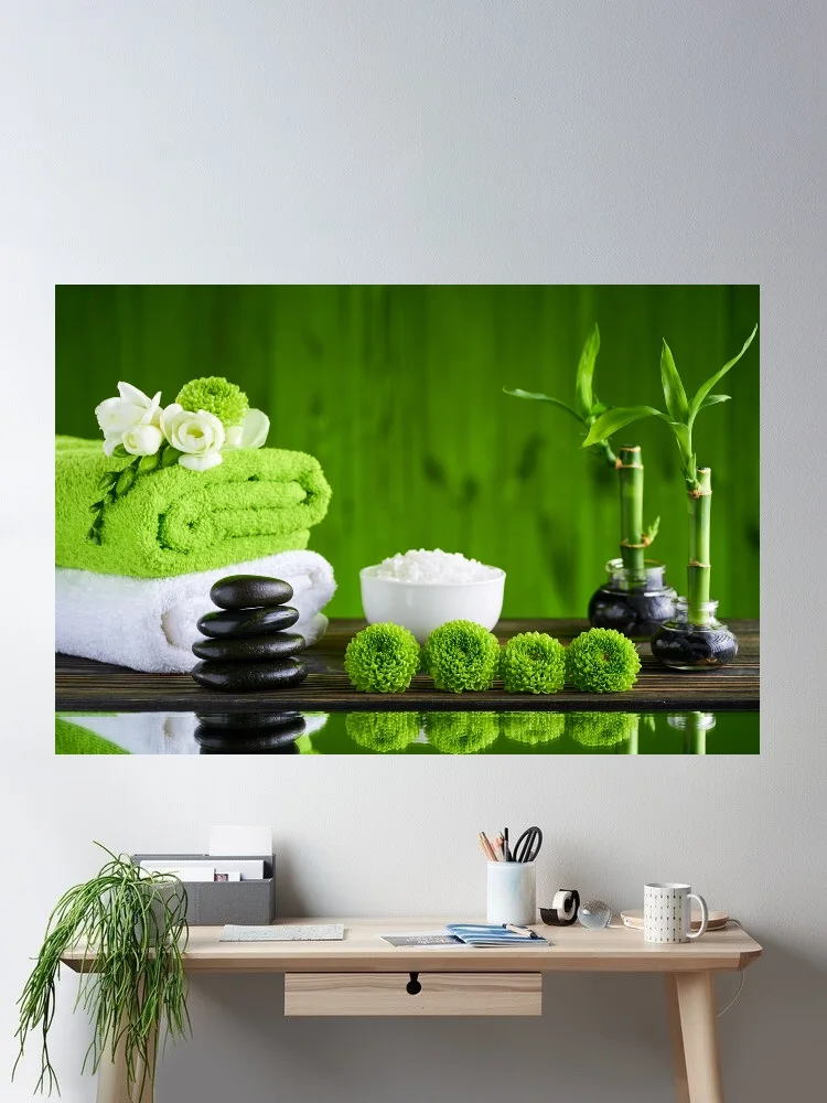 Spa towels, stones, salt, flowers, and bamboo, Art Print Canvas Poster, Living Room Decor, Home Wall Picture