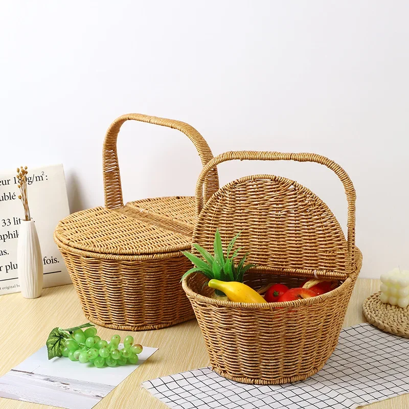 

Imitation Rattan Basket Woven Portable Basket Long Outdoor Picnic Storage Water Fruit Basket