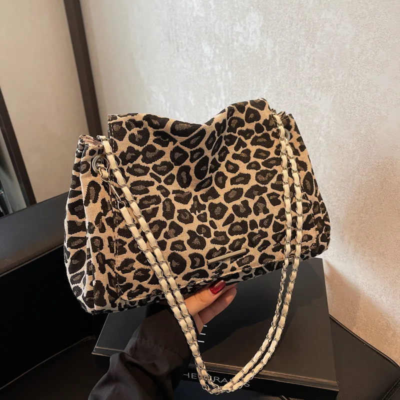 Leopard print commuter canvas underarm fashion casual large capacity tote bag