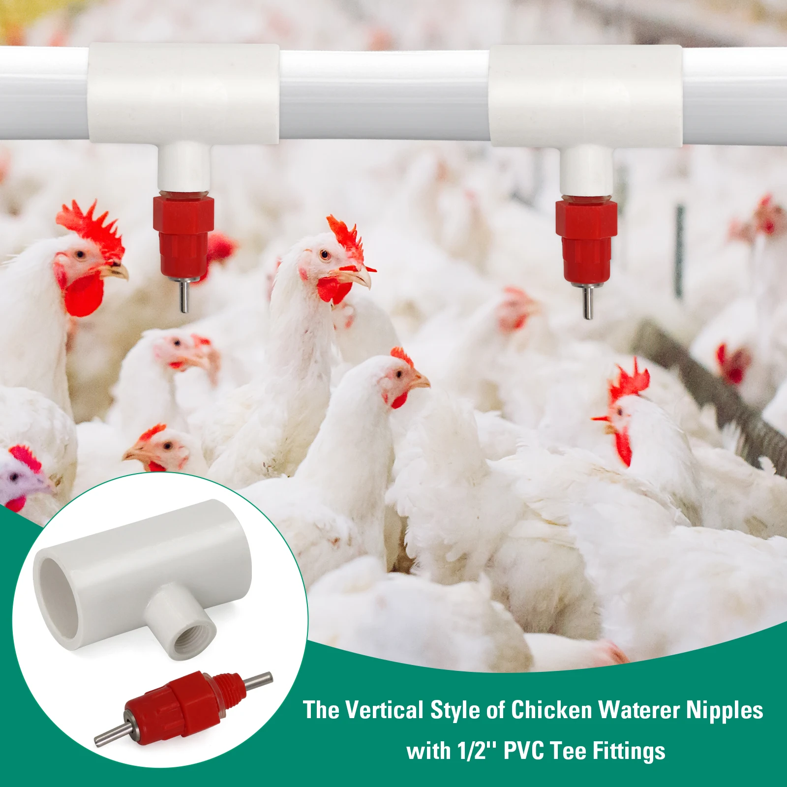 10/30pcs PVC Piping Chicken Nipples Tee Fittings -Poultry Nipples Fully Automatic Poultry Waterers Kit Chicken Water Drinker