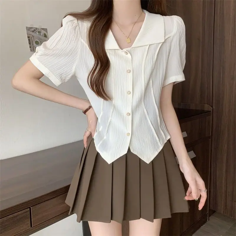 

Женская рубашка с короткими рукавами и красивой маленькой рубашкой, рубашка для похудения, топ с неровной текстурой