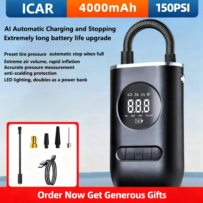 

Беспроводной мини-автомобильный воздушный насос, портативный воздушный компрессор для автомобилей, мотоциклов, велосипедный электрический насос для накачивания шин с ЖК-цифровым дисплеем