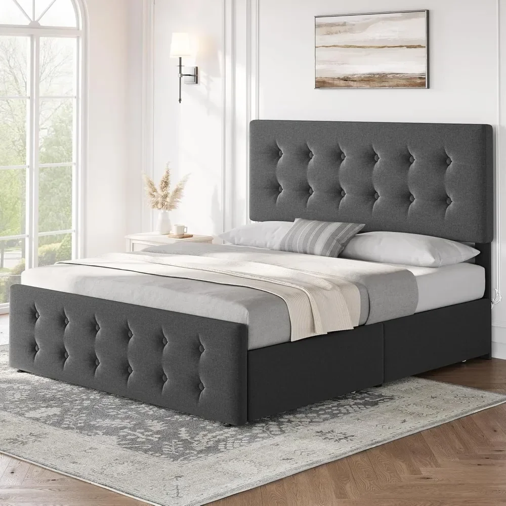 Bed Frame with 4 Storage Drawers and Adjustable Headboard, Upholstered Mattress Foundation with Skin-Frienly Linen