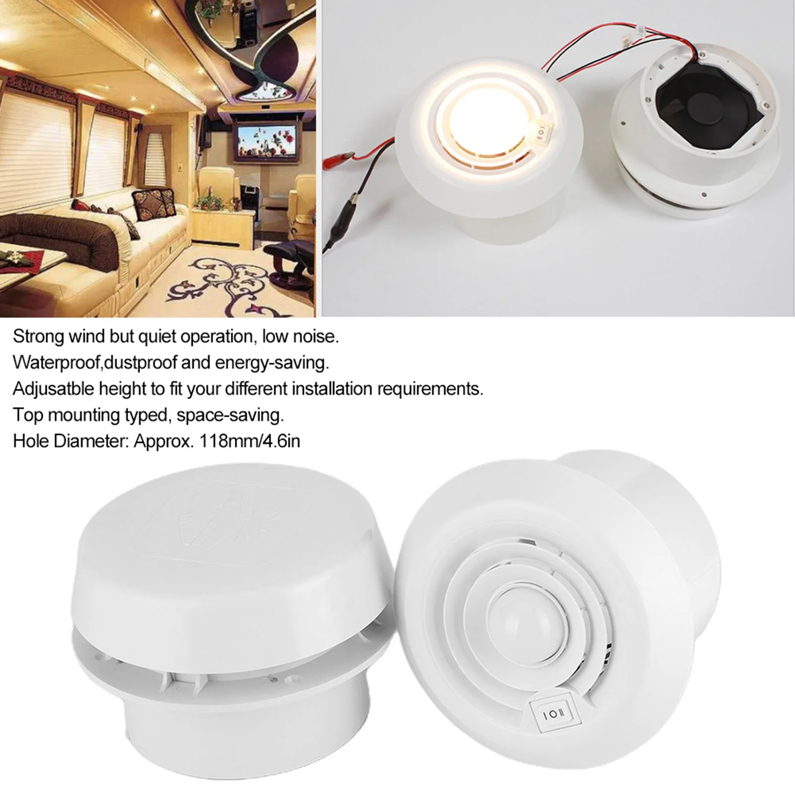 RV Dakventilatie 12V Dakventilator 4000R/min LED Lucht Plafond Ventilatierooster Rond voor Campers Camper Reizen Trailer Van RV Fan