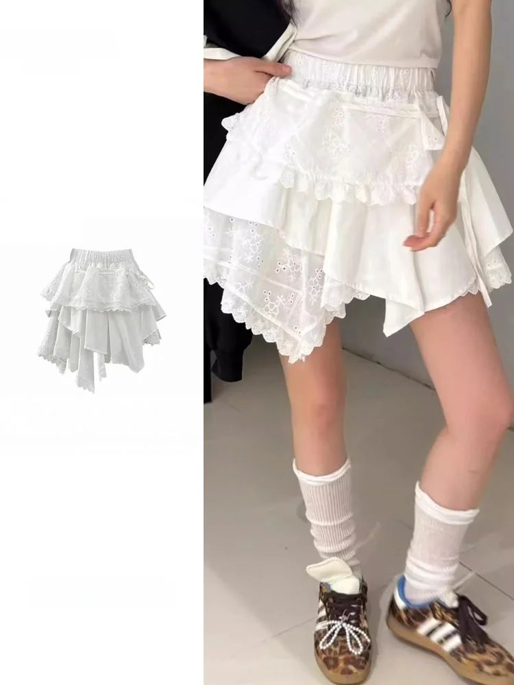 Summer New Sle White Cake Design Hollow out Belted Fluffy ort Skirt Women's mid Waist Irregular Korean Version f Skirt