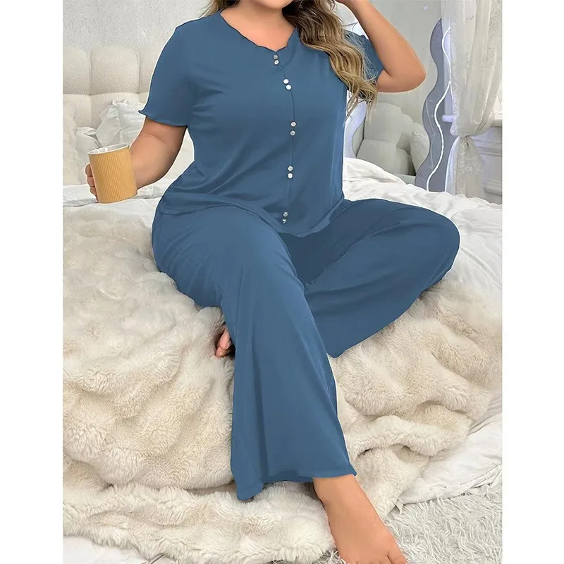 Women's Large Size Summer Pajama Set High End European American Style, Round Neck Short Sleeve Loose Comfortable Loungewear
