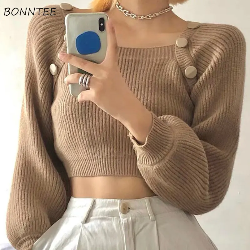 

Cropped Sweaters Women Vintage Slim Square Collar Buttons Design Sexy Chic Fashion New Autumn Ladies Knitwear Long Sleeve Cozy