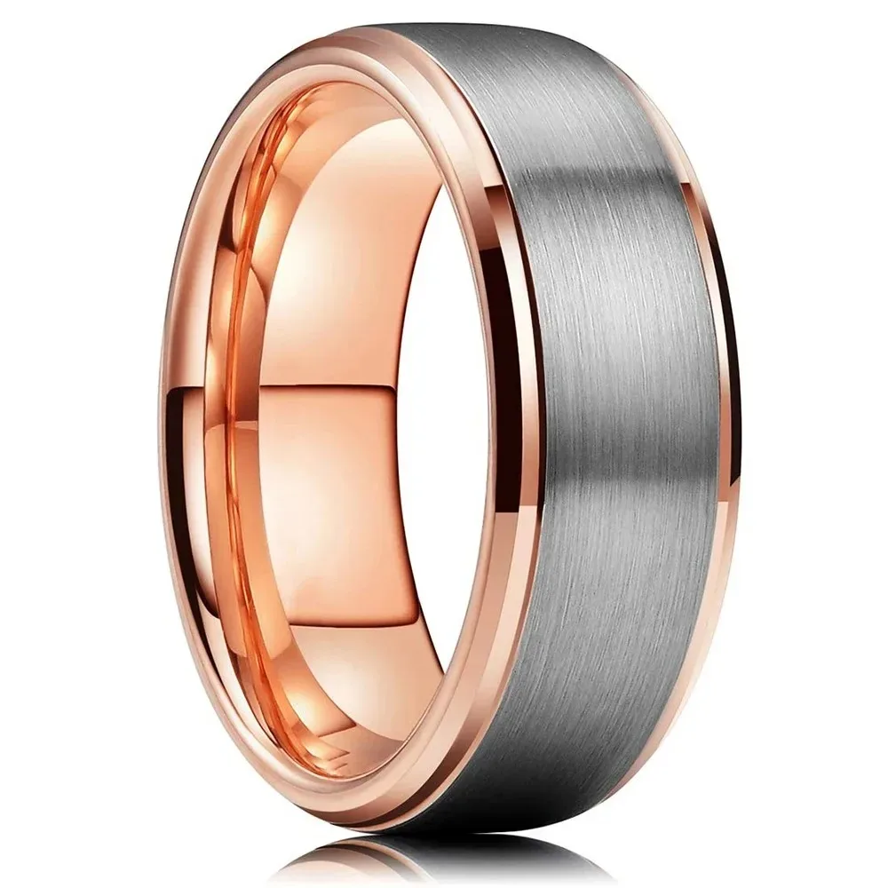 Fashion 8mm Men Rose Gold Color Stainless Steel Rings Silver Color Brushed Titanium Rings For Men Wedding Jewelry Accessories