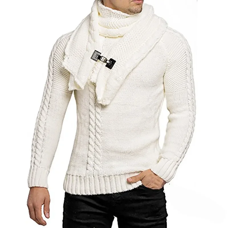 

Autumn Winter Men's Fashion Knitted Sweater with Detachable Scarf Twist Solid Casual Knitting Pullovers Man England Knitwear