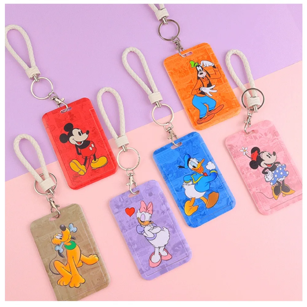 Disney Anime Card Holders Lanyards Student Action Figure Toy Mickey Donald Duck Cartoon Key Hanging Rope ID Card Holder Kid Gift