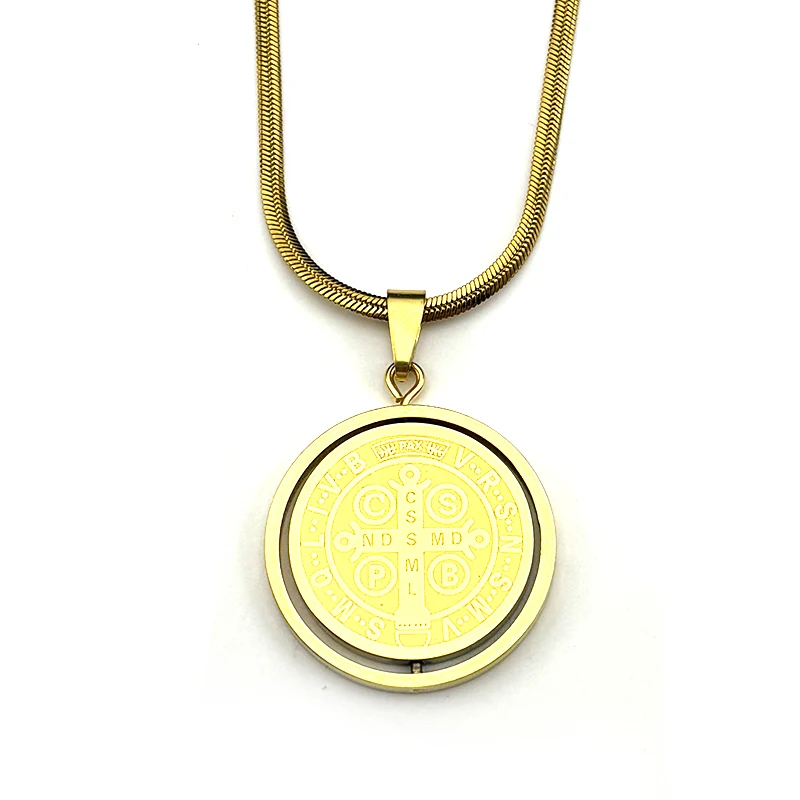 تدوير الكاثوليكية سانت بنديكت ميدالية قلادة للنساء الرجال الفولاذ المقاوم للصدأ الذهب اللون سلسلة القلائد مجوهرات سان بينيتو