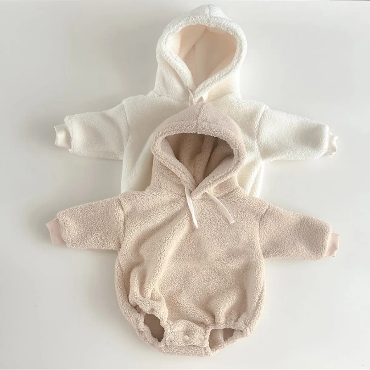 

2025 Winter New Baby Fleece Hooded Bodysuit Solid Infant Boy Casual Jumpsuit Plus Velvet Thick Toddler Girl Warm Plush Clothes