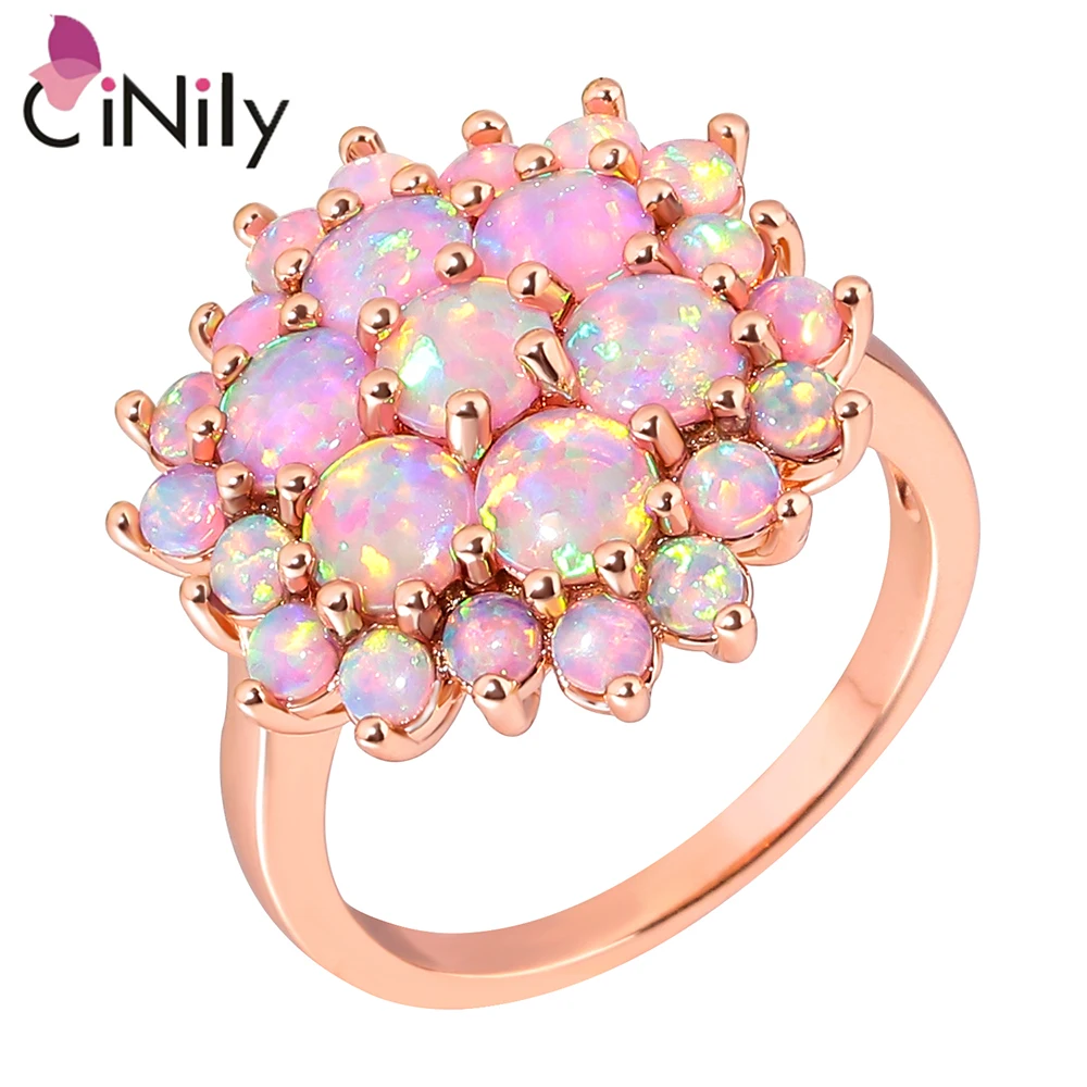 CiNily Pink Round Fire Opal Stone Rings Rose Gold Plated Flowers Bloom Plant Big Ring For Women Girls Wedding Fashion Jewelrys