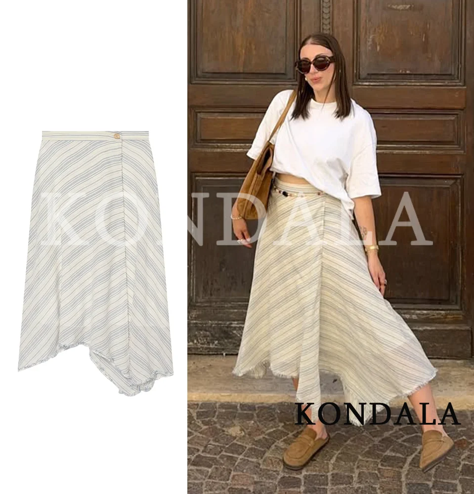 KONDALA Women Elegant Casual Striped Midi Skirt 2026 Summer Trendy Holiday Rough Hem Skirts Simple Versatile Asymmetrical Skirt