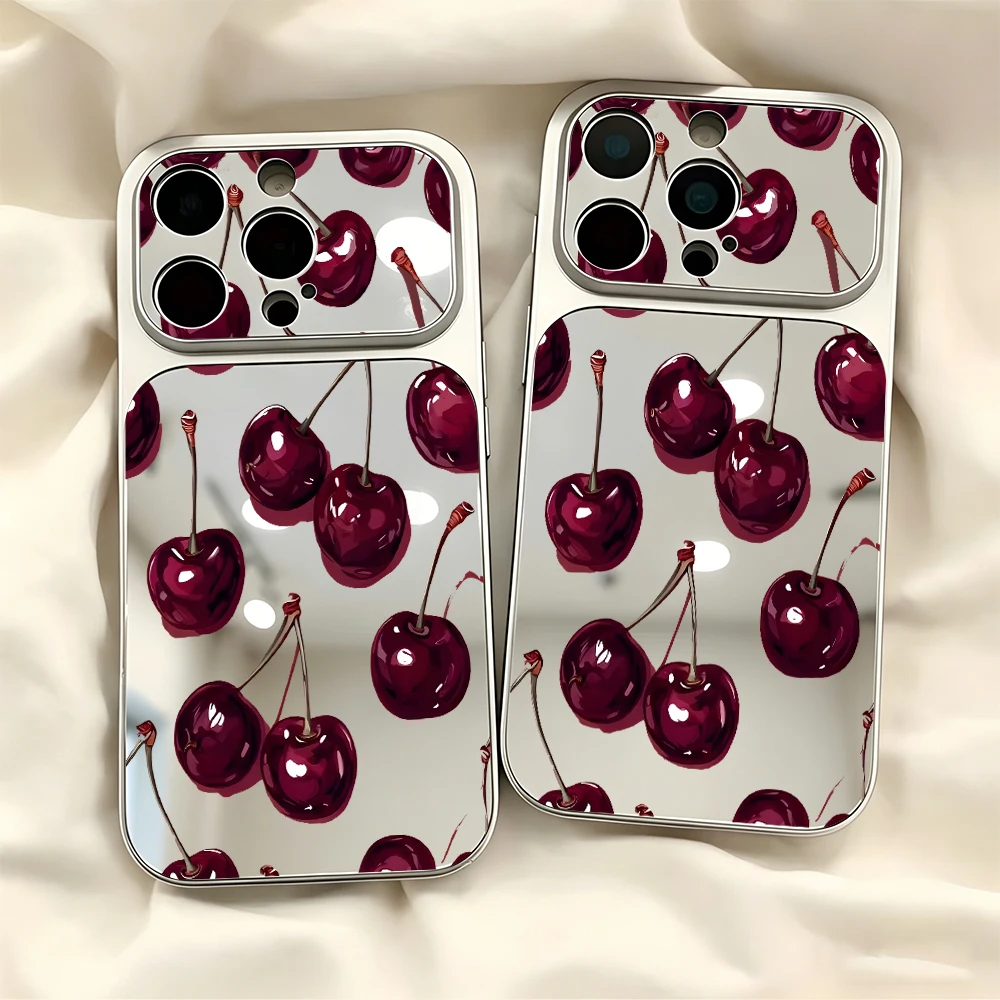 Red Cherry Fruit Mirror Large Window Lens Protect Phone Case for IPhone 17 Air 16 15 14 13 12 11 Pro Max Plus Shockproof Cover