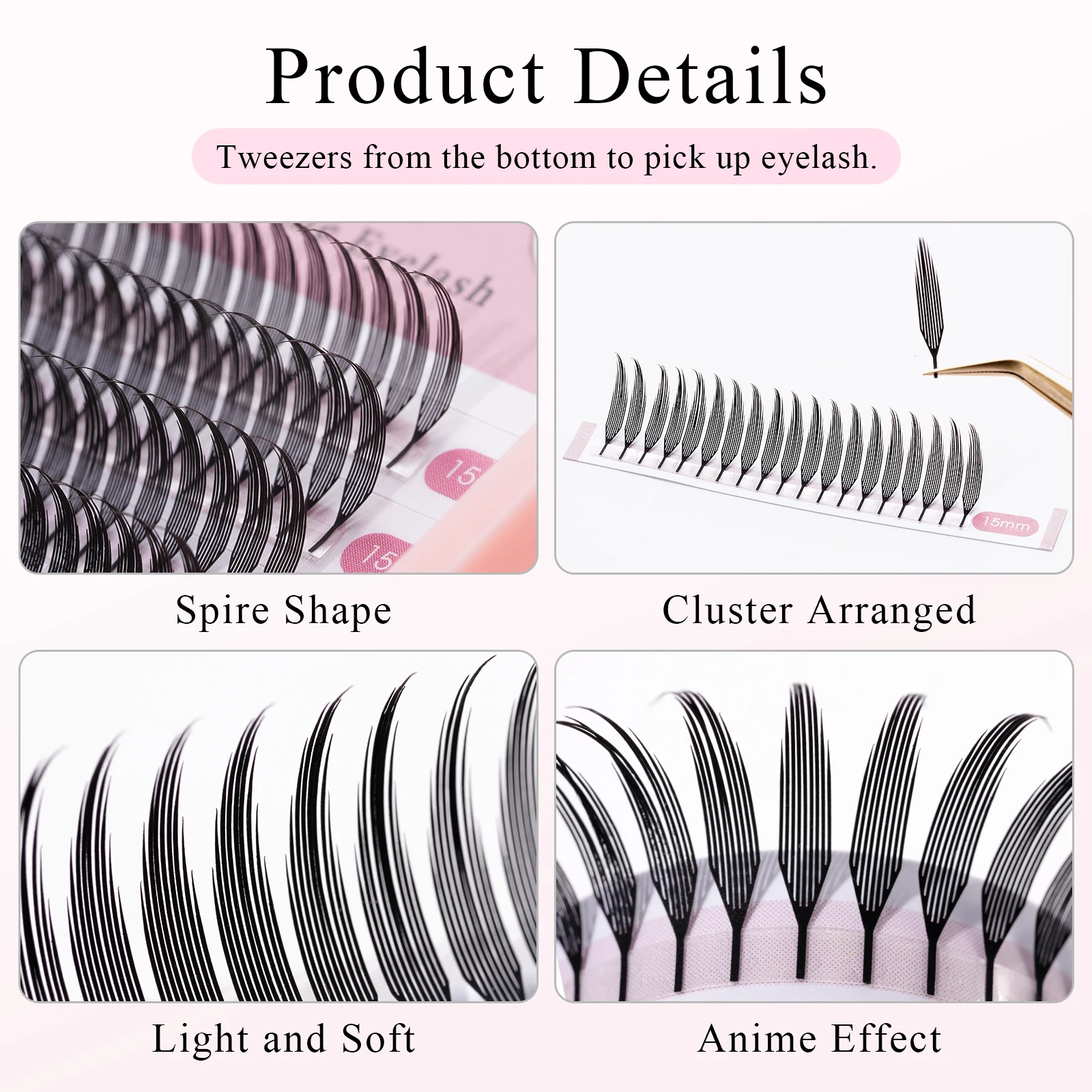 M LU Curl Manga Style Schmale Spire Vorgefertigte Fächer Wimpernverlängerungen Leichte Feder Anime Semi-Handgefertigte Spire-Cluster Blisterpackung – Detail 15