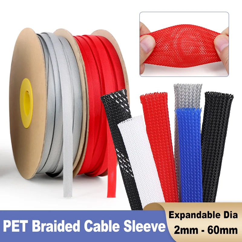 2/5/10m PET Cable Sleeve Expandable 2mm - 60mm Insulated Braided Sleeving Data Line Protection Flame-Retardant Wire Wrap Sheath