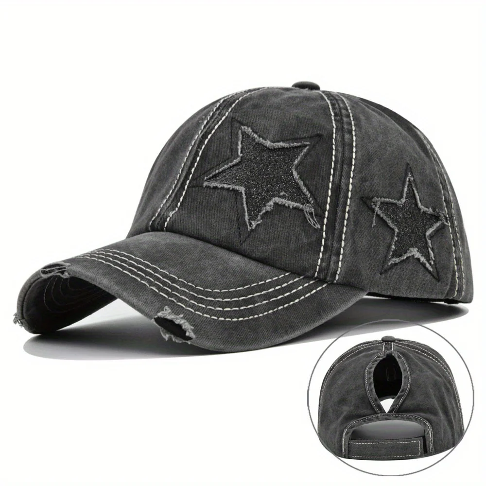 Shining Pentagram Dad Hat with Holes Fashionable Retro Unisex Washed and Worn Duckbill Hat Denim Hip-hop Hat with Holes