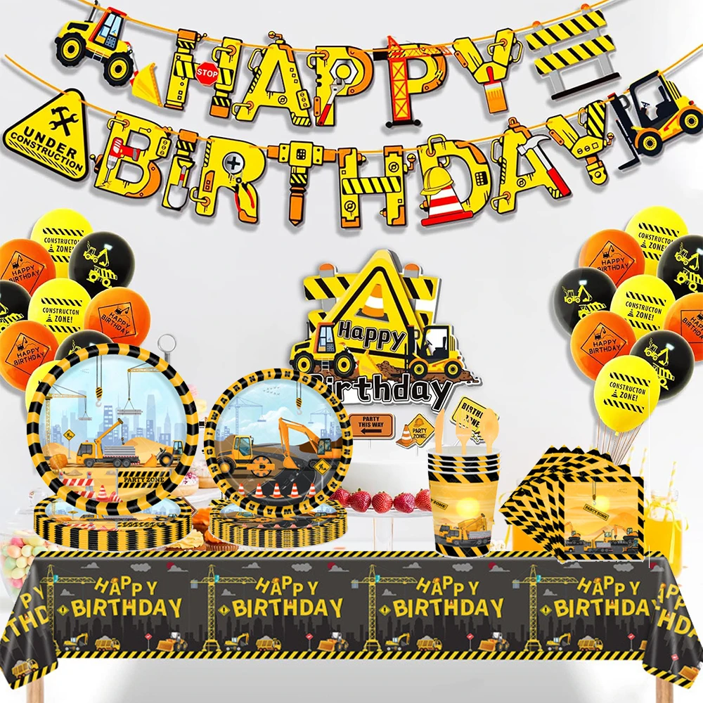 Engineering Vehicle Party Decorations Tableware Plate Cup Dump Truck Foil Balloons Banner Kids Boys Construction Birthday Favors