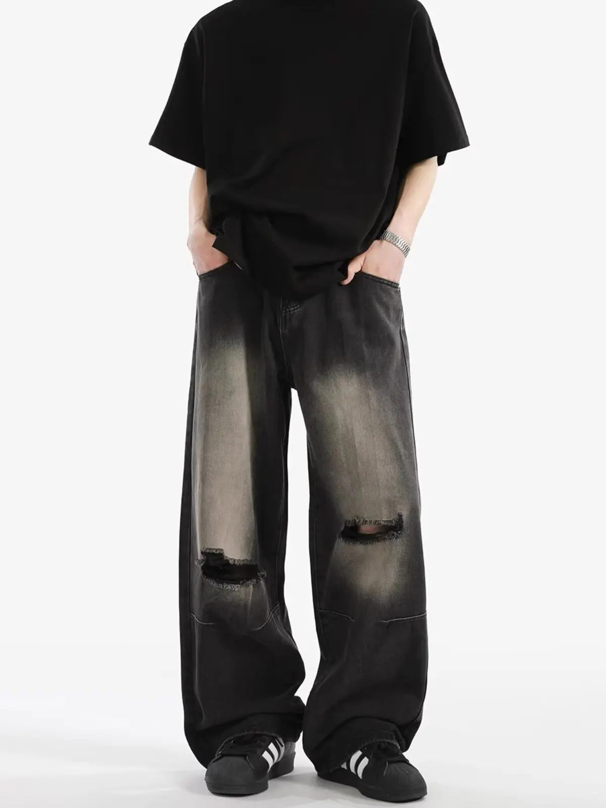 شارع العليا ممزق الجينز الرجال الصيف الصناعة الثقيلة غسلها السراويل المستقيمة شارع العليا أنيق فضفاض واسعة الساقين y2k رجل السراويل