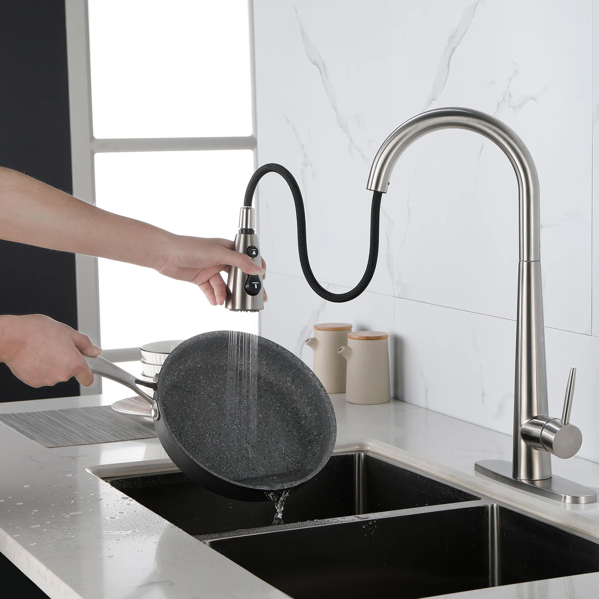 

Kitchen Faucet with Pull Down Sprayer Brushed Nickel, High Arc Single Handle Kitchen Sink Faucet with Deck Plate