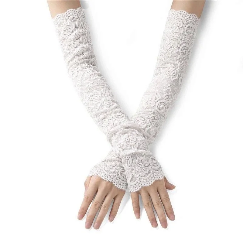 Summer Sunscreen Fingerless Gloves Women Ice Lace Arm Sleeves Driving Blocking Long Mesh Cycling Golf Floral Cuff Fake Sleeves