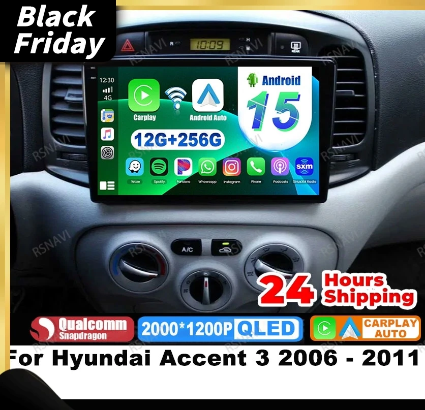 Car Radio Android 15 For Hyundai Accent 3 2006 - 2011 Navigation 4G LTE Viedo Player QLED Stereo DSP GPS BT DVD Multimedia AUTO