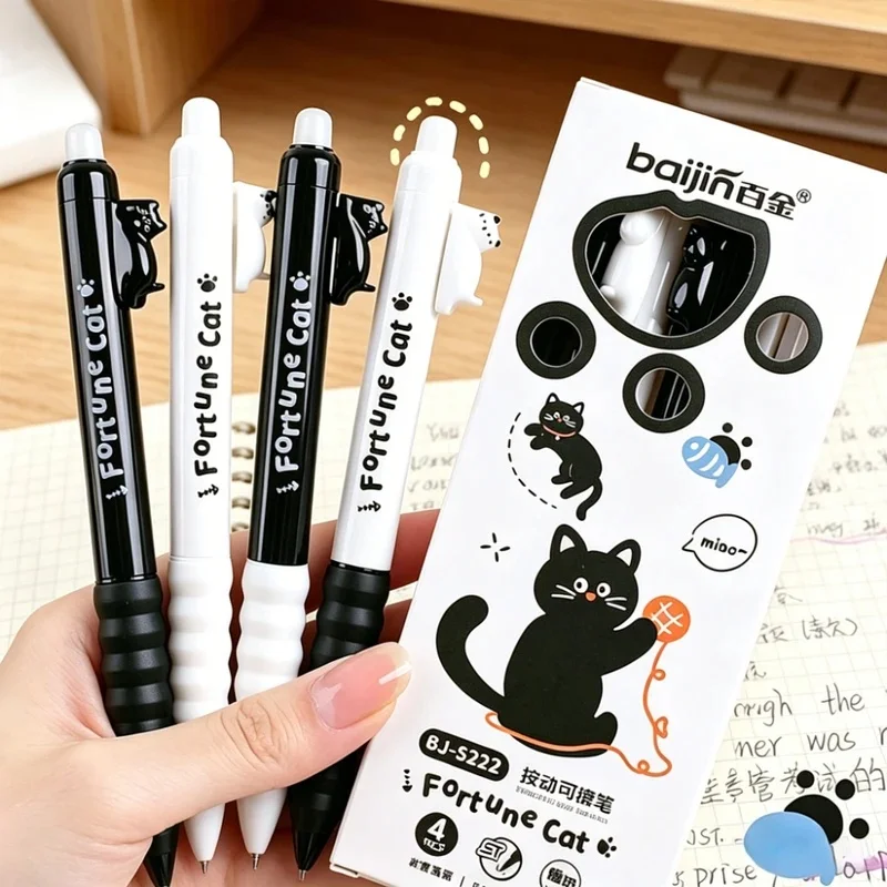 4Pcs Cute Cat Erasable Gel Pen 0.5mm Blue / Black Ink Retractable Gel Pen Student Writing Pens Kawaii Stationery School Supply
