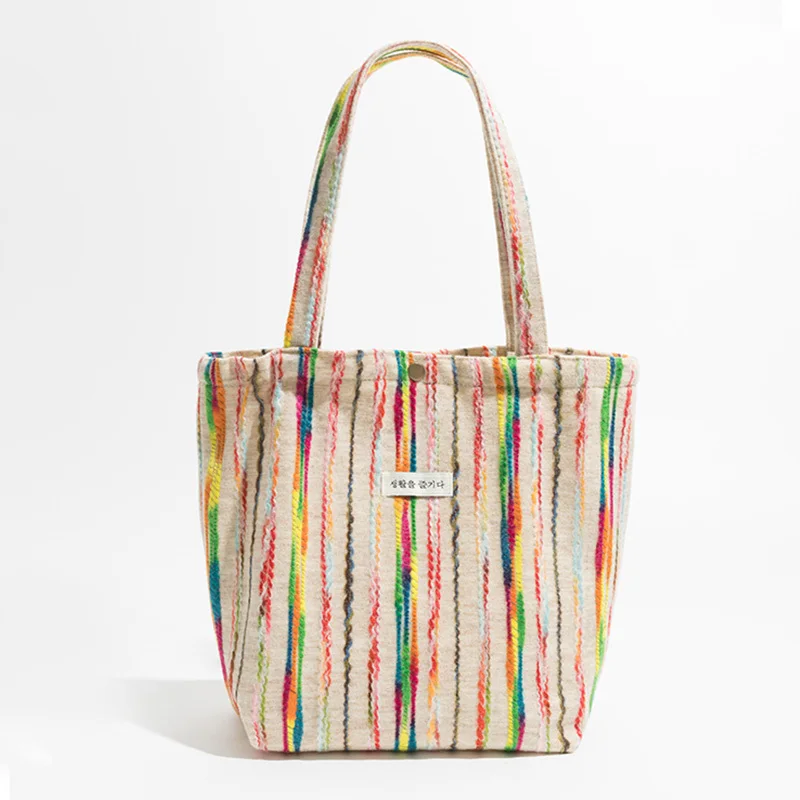 

Stripes Shoulder Bag, Literary Fabric Tote Bag, Colorful Handbag For Shopping & Travel