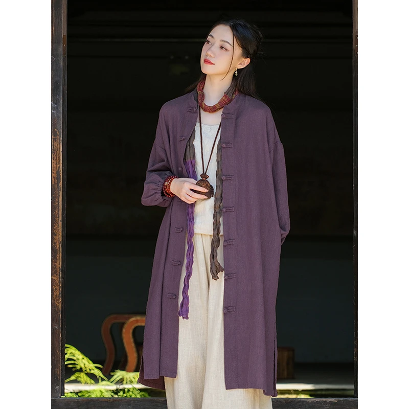 2025ใหม่มาถึงฤดูใบไม้ผลิฤดูใบไม้ร่วงผู้หญิงหลวมสบายๆวินเทจผ้าฝ้ายผ้าลินินยาวTrench O-คอเดี่ยวBreastedเสื้อเอวกว้างy103