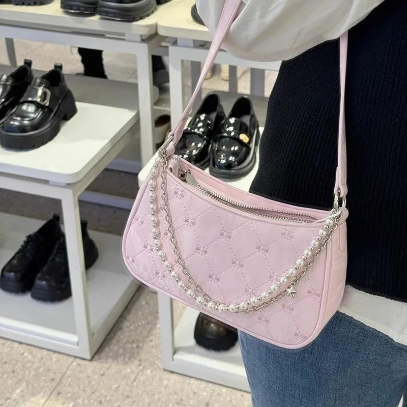 Xiuya Borsa a tracolla da donna rosa Elegante fiocco carino Catene di perle Borsa con ricamo con fiocco Borsa femminile in pelle moda coreana casual