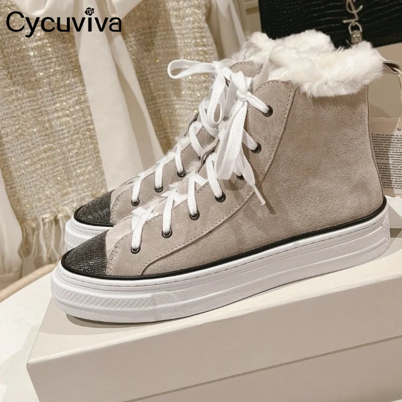 High Top Suede Flat Shoes Women Thick Sole Lace Up Casual Wool Shoes Designer Comfort Party Vacation Walking Shoes For Women