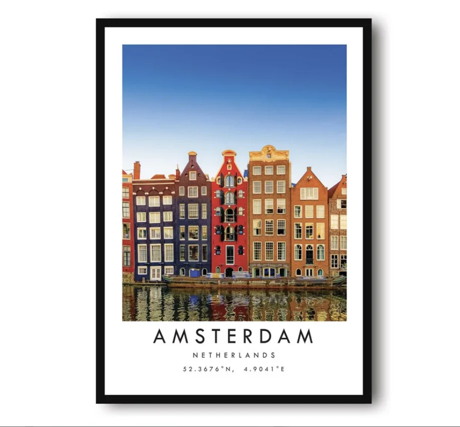 Vintage Amsterdam Canal Townhouse Canvas Wall Art Prints Decor, Dutch Travel Landscape Poster for Bedroom, Entryway, Farmhouse