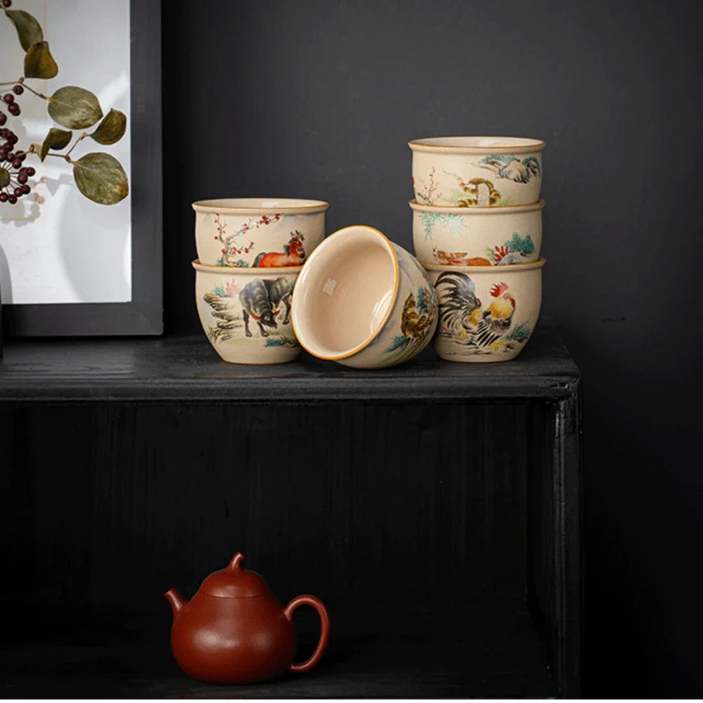 150ML Vintage Coarse Pottery Tea Ware Twelve Zodiac Teacups Chinese Kung Fu Teacup Gift Master Cup Tea Bowl Drinkware Coffee Cup