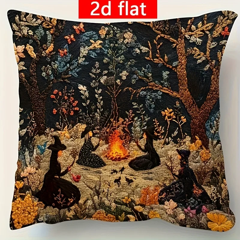 A 18X18 Inch Ultra-Soft Short Plush Pillow Cover Featuring A Charming Forest Scene With Witches And A Fire Pit Designed With An