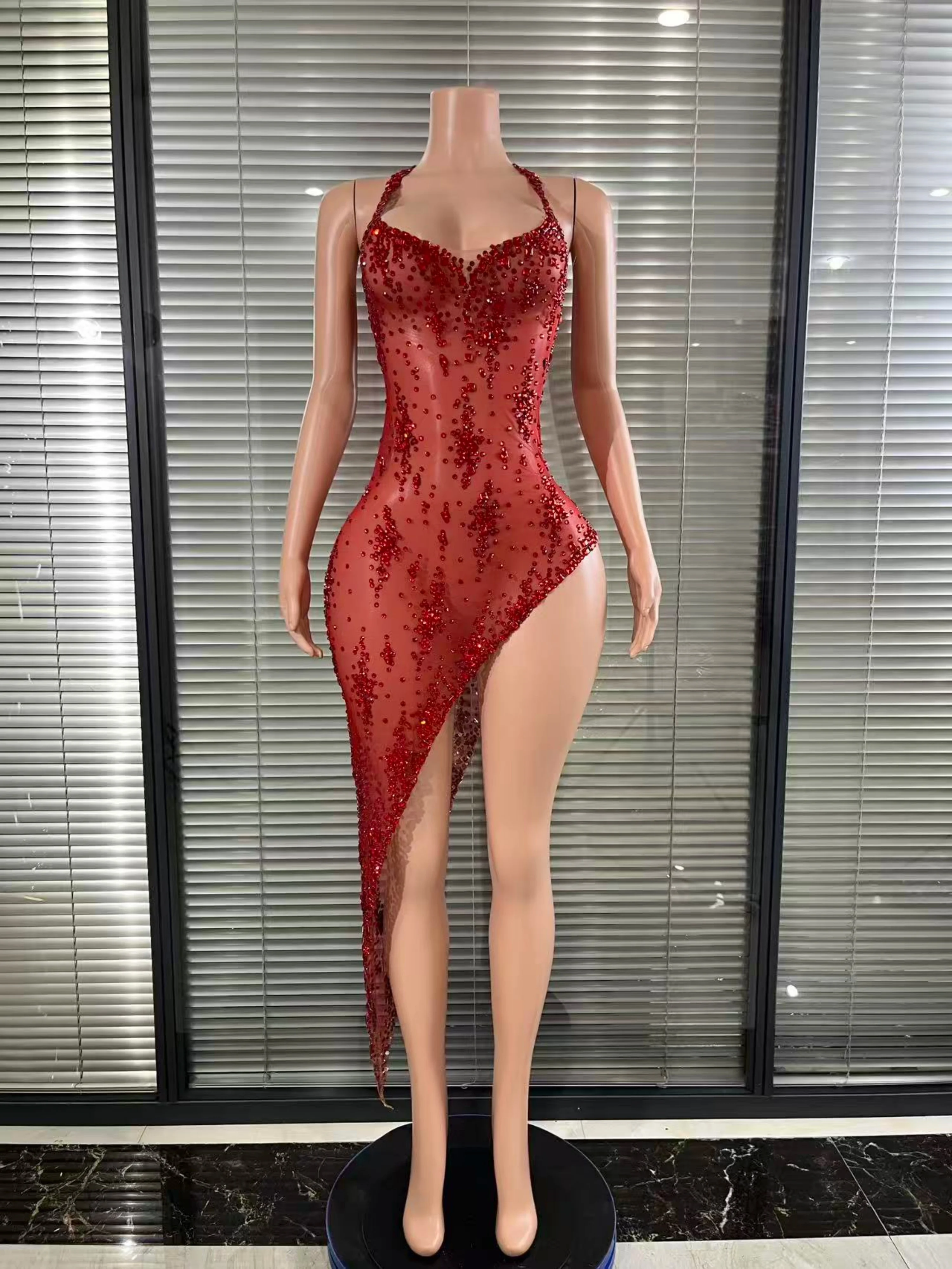 Luxus Sexy Sparkly Strass V-ausschnitt Stretch Mesh Sexy Durchsichtig Kleid Elegante Party Feiern Durchführen Kostüm Bühne Outfi