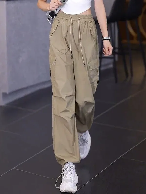 American Style Straight Leg Work Pants Women's Summer Thin Casual Wide Leg Pants High Waist Loose Sports Cuffed Pants