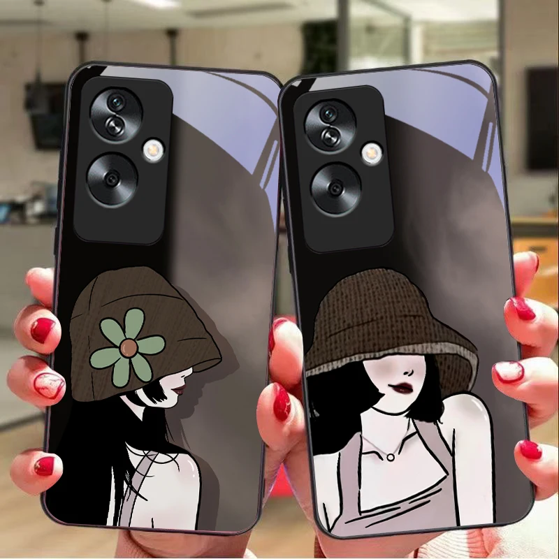 The girl wearing hat For Oppo A79 5G 58 78 74 60 4G Reno 11F Realme GT 6 11 Note 50 10 C55 X2 Tempered glass black phone case