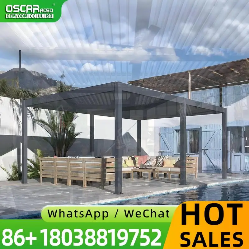 Motorized Wall Mounted Aluminum Louvered Pergola Waterproof Gazebo Canopy Powder Coated Natural Style Easily Assembled for Garde