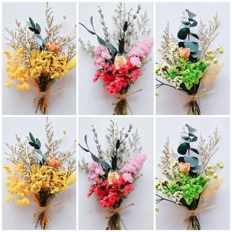 Small Floral Wedding Gypsophila Dried Flowers&Leaves Mini Bridesmaid Bouquets Table Card Photo Props DIY Craft Home Decora 6PC