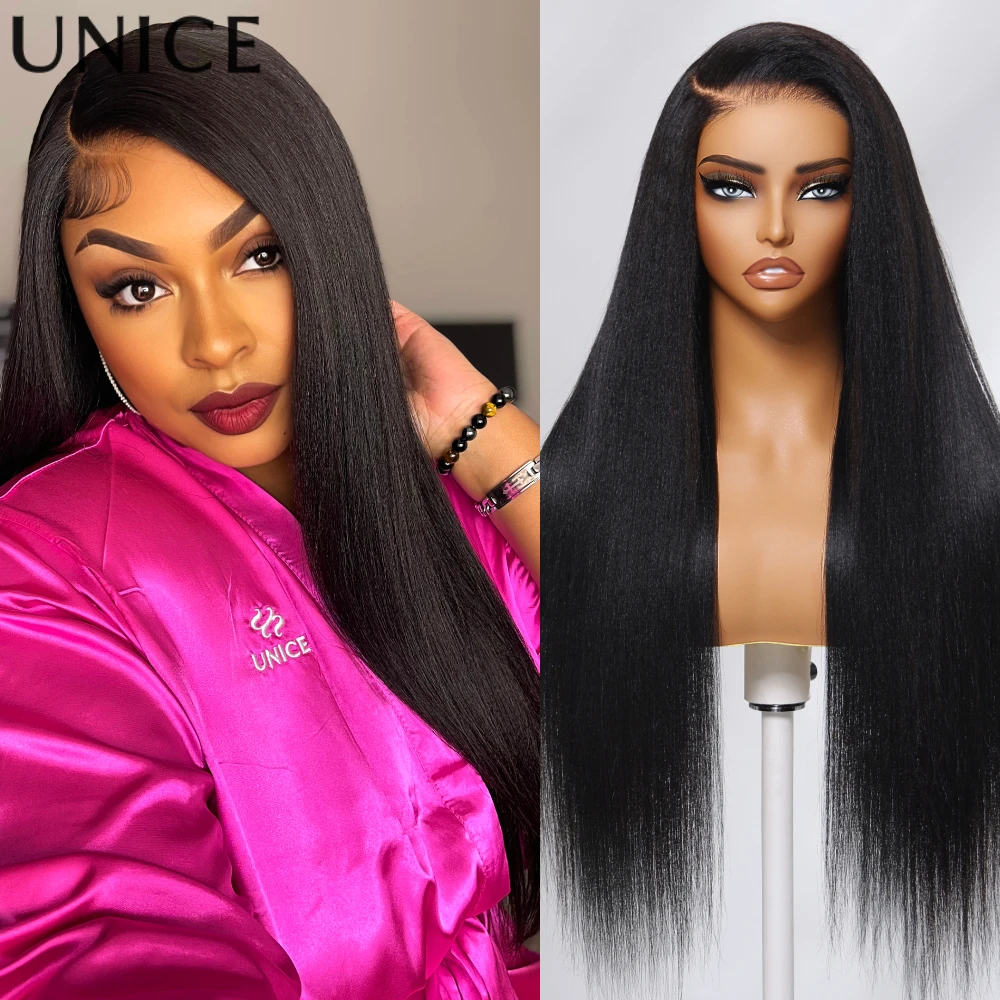 

UNice Hair Upgrade Drawstring Yaki Straight Wig 7x5 Pre Cut Pre Bleached Glueless Wig Human Hair Ready To Wear