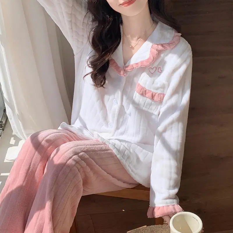 

New Autumn Winter Flannel Pajamas Set Female Sweet Cute Ruffle Sleepwear Trouser Suits Loose Warm Coral Fleece Home Clothes