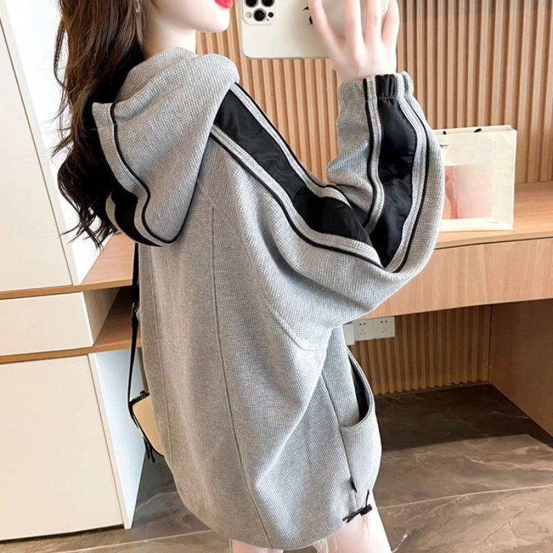 Grey Striped Hooded Top Women\'s Sweatshirt Sport Nice Color Hoodies Woman Clothing Autumn and Winter Trend Y 2k Vintage Cotton E