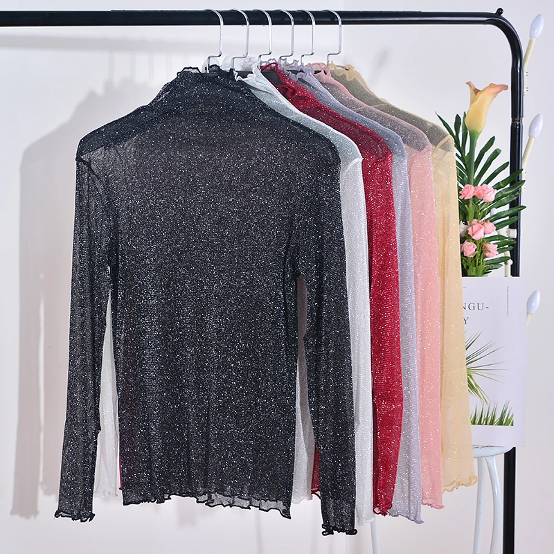 

Женская сетчатая майка с высоким воротником и длинными рукавами, модный базовый топ, облегающий крой, большие размеры, корейский стиль, однотонная, для повседневной носки