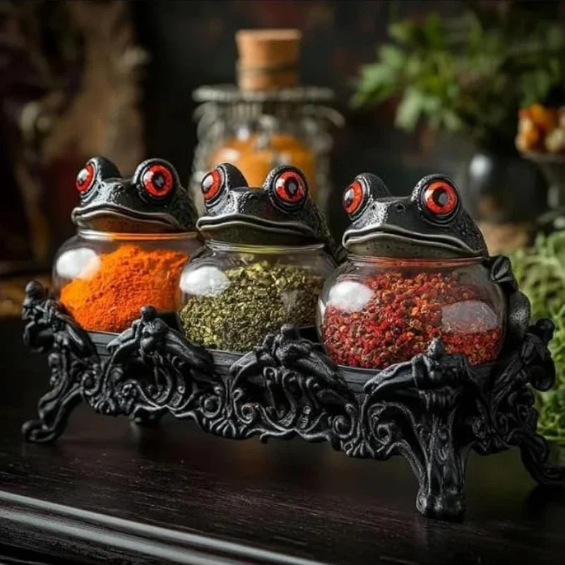 Frog Shaped 3pcs Spice Jars Set with Decorative Rack Seasoning Containers for Kitchen Spice Storage Organizer Spices Countertop