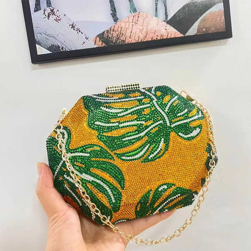 

Leaf Designer Purse for Women Diamond Evening Bags Silver/Golden Clutch Fashionable Ladies Soiree Feast Bag