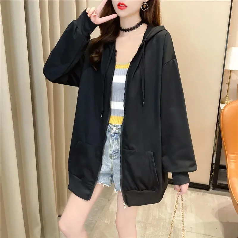 

Hooded Solid Color Jacket Spring Autumn Thin Section Pop Zipper Pocket Drawstring Simple Commuter Cardigan Top Women's Clothing