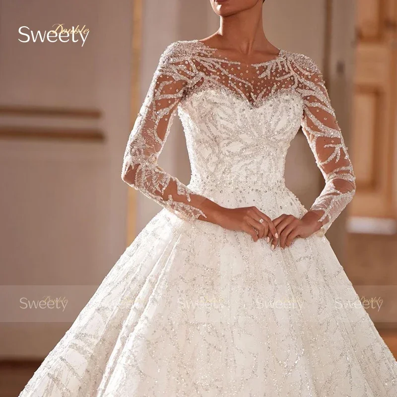 Glitzerndes Hochzeitskleid mit Perlenstickerei und Pailletten, Spitze, Ballkleid, O-Ausschnitt, volle Ärmel, individuelles Brautkleid, Vestido De Novia, Knopfleiste hinten