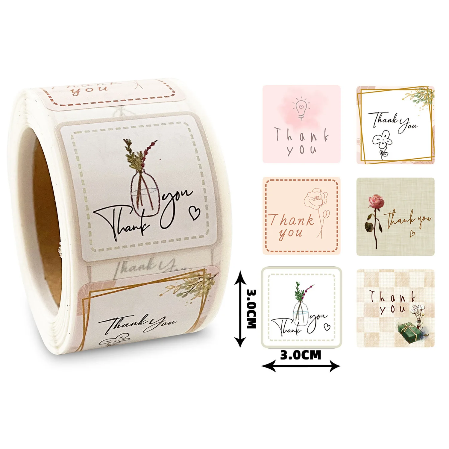 300 buah/gulungan persegi Terima kasih Stickers3 * 3CM bunga dekoratif stiker penyegel untuk hadiah pesta pernikahan kemasan bisnis kecil