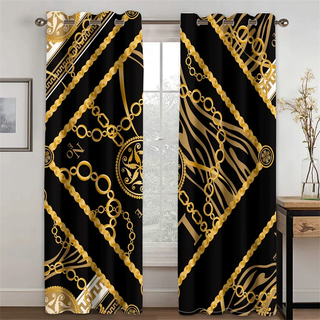 Cheap Modern Luxury Brand Black Gold 2Pieces Polyester Darkening Shading Window Curtain for Living Room Bedroom Home Decor Hook